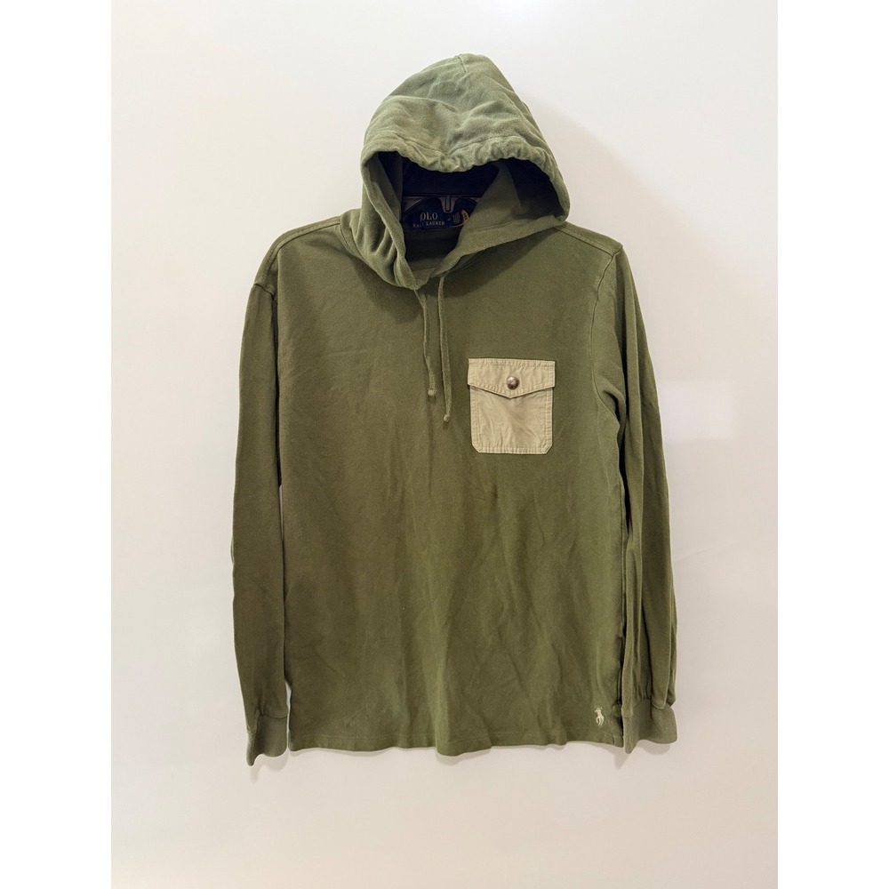 Polo Ralph Lauren Mens Olive Green Pique Cotton Hoodie Nylon Pocket Size M